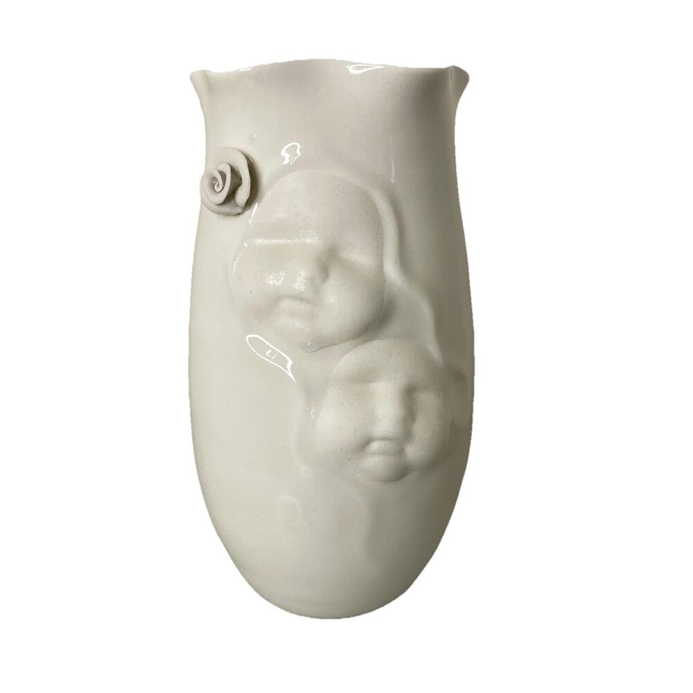 Sarà Lund Blue Sky Porcelain Ivory Matte White Glazed Children Faces 7” X 3”
